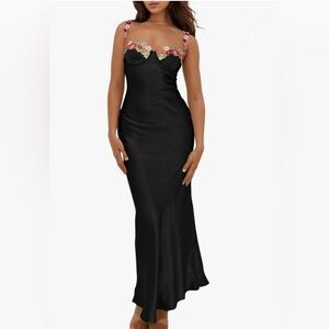 Women’s Black Satin Maxi Dress, Spaghetti Straps Flower Embroidery Trim. Size M